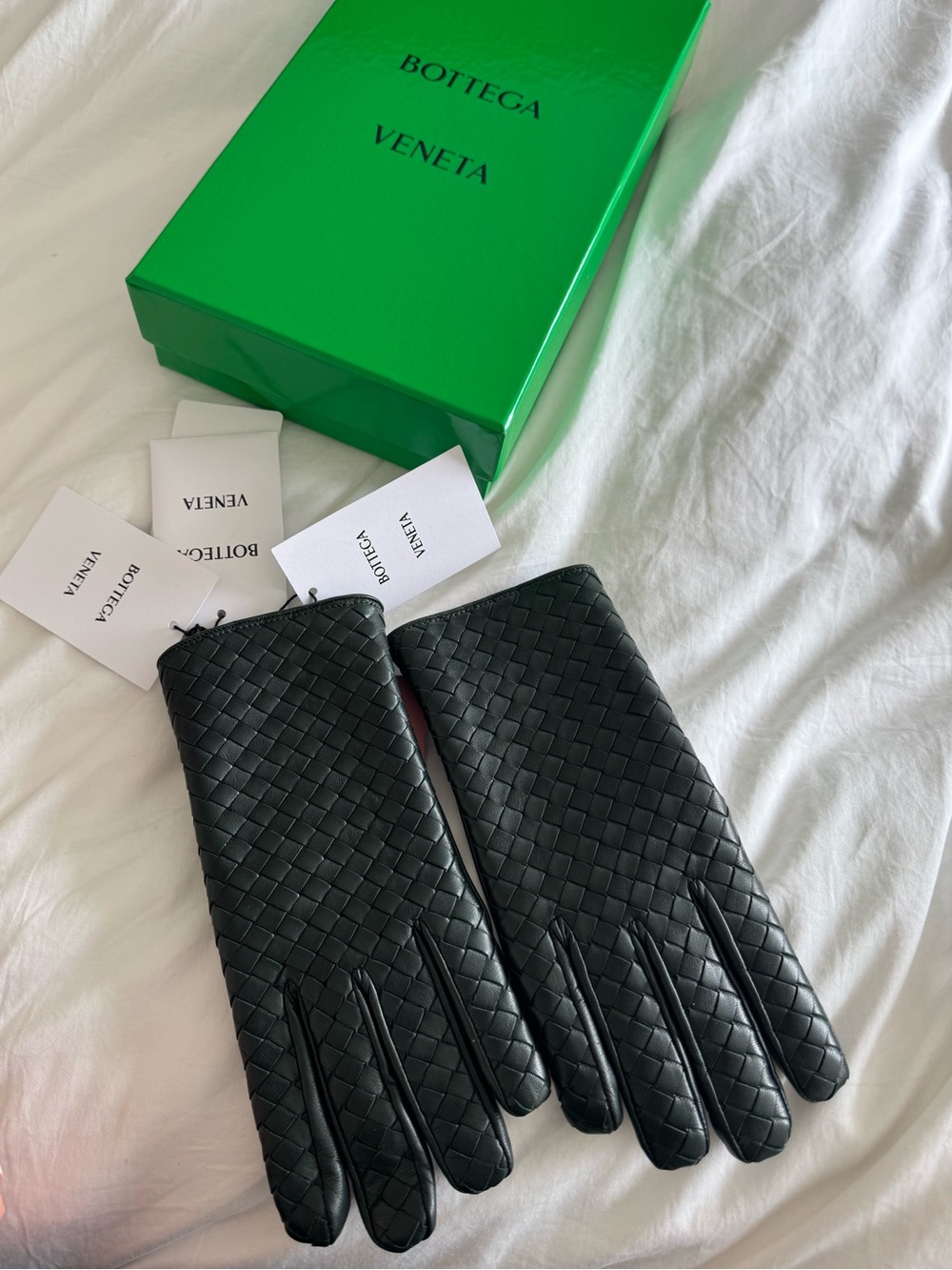 NEW BOTTEGA VENETA dark GREEN LAMBSKIN LEATHER INTRECCIATO GLOVES WOMEN 8.5